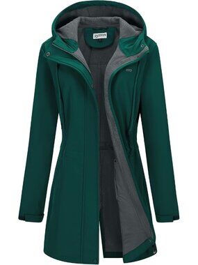 Women Deep Green Fleece Lined Waterproof Zip Up Softshell Long Trench Parka Coat